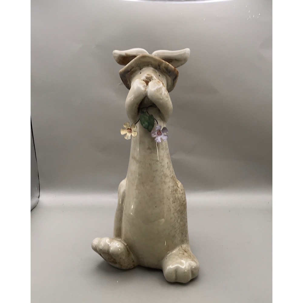 Stoneware Pottery Bunny Rabbit Figurine Wearing A Hat - Natural Color - 10" Tall